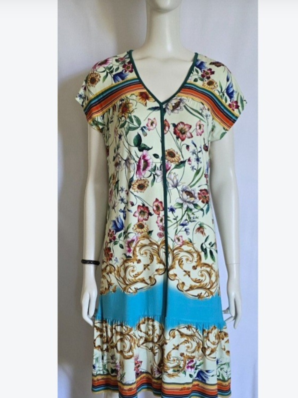 Johnny Was Cream Floral Midi Dress with Turquoise & Multicolor Trim